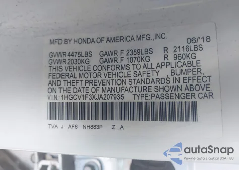 2018 Honda Accord Sport из США, поврежденный, VIN 1HGCV1F3XJA207935